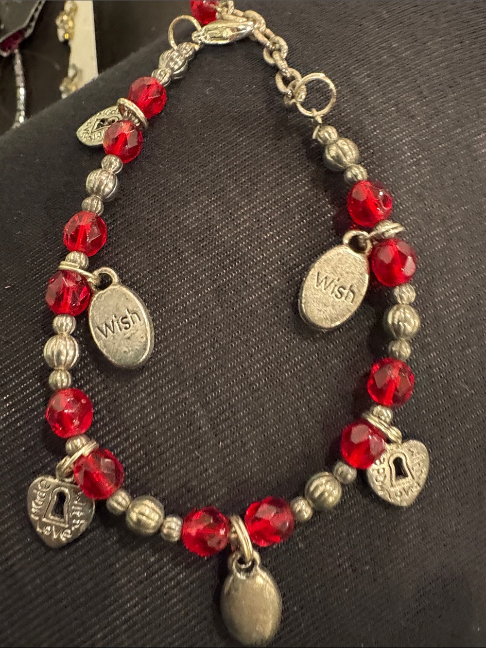Brighton Silver-Tone Bracelet with Red Faceted Beads and Wish Charms